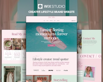 May include: A Wix Studio website template for a creative lifestyle brand featuring a soft pink and mint green color palette. The layout displays a hero section with a surfboard image, blog post previews, and a contact page with brand logos.