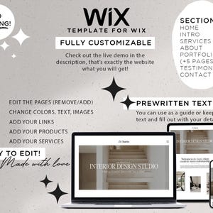 May include: A Wix website template featuring a laptop, tablet, and smartphone displaying an interior design studio site. Text includes NO CODING, FULLY CUSTOMIZABLE, SECTIONS: HOME, INTRO, SERVICES, ABOUT, PORTFOLIO, TESTIMONIALS, CONTACT, and EASY TO EDIT.