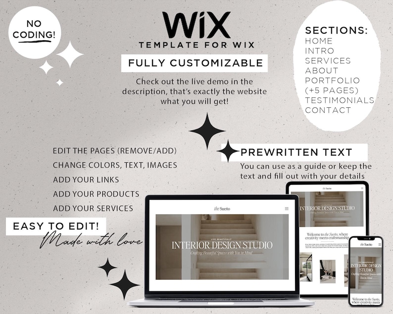 May include: A Wix website template featuring a laptop, tablet, and smartphone displaying an interior design studio site. Text includes NO CODING, FULLY CUSTOMIZABLE, SECTIONS: HOME, INTRO, SERVICES, ABOUT, PORTFOLIO, TESTIMONIALS, CONTACT, and EASY TO EDIT.
