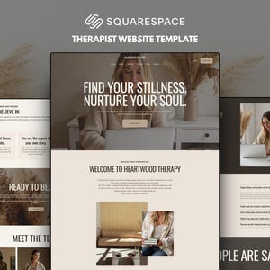 Könnte beinhalten: Eine Squarespace-Website-Vorlage für Therapeuten mit einer neutralen Farbpalette in Beige- und Cremetönen. Das Layout enthält Abschnitte für Text, Fotografie und Dienstleistungsbeschreibungen mit der Überschrift Find Your Stillness. Nurture Your Soul.