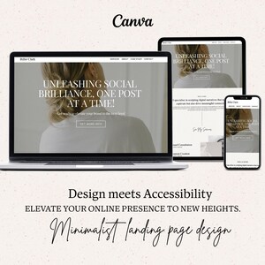May include: A laptop computer screen displaying a website with the text "Unleashing Social Brilliance, One Post at a Time!" The website is designed in a minimalist style with a white background and black text. The laptop is sitting on a white surface. The text "Design meets Accessibility" is displayed below the laptop. The text "Elevate your online presence to new heights." is displayed below the text "Design meets Accessibility". The text "Minimalist landing page design" is displayed below the text "Elevate your online presence to new heights."