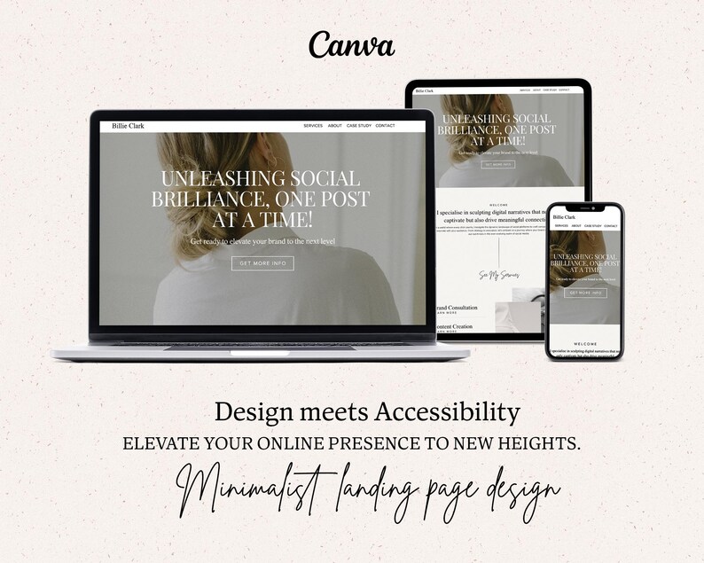 May include: A laptop computer screen displaying a website with the text "Unleashing Social Brilliance, One Post at a Time!" The website is designed in a minimalist style with a white background and black text. The laptop is sitting on a white surface. The text "Design meets Accessibility" is displayed below the laptop. The text "Elevate your online presence to new heights." is displayed below the text "Design meets Accessibility". The text "Minimalist landing page design" is displayed below the text "Elevate your online presence to new heights."