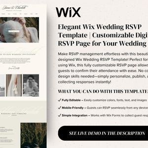 May include: A Wix website template for wedding RSVPs. The template is customizable and allows guests to RSVP from any device. The text on the page reads "Elegant Wix Wedding RSVP Template | Customizable Digital RSVP Page for Your Wedding".