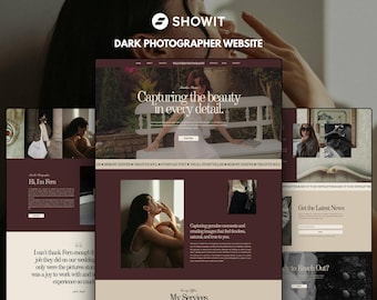 May include: A website template for photographers featuring a dark color palette with deep burgundy and cream tones. The layout includes sections for photography portfolios, service descriptions, and newsletter sign-ups with elegant serif typography.