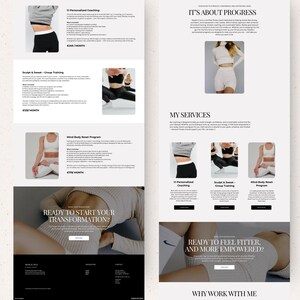 May include: A website design with a light beige backdrop and black text. Sections include "IT'S ABOUT PROGRESS" and "MY SERVICES." Images of people in workout clothes are displayed. The text "READY TO START YOUR TRANSFORMATION?" is visible on the page.