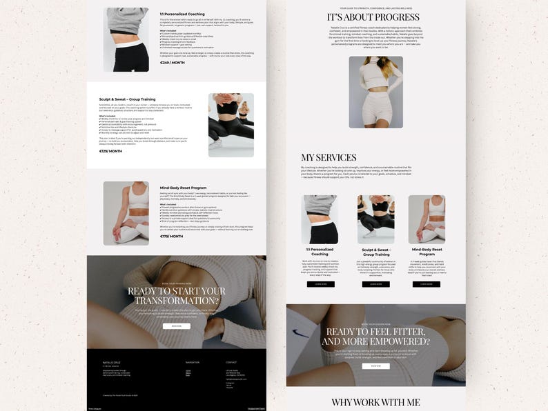 May include: A website design with a light beige backdrop and black text. Sections include "IT'S ABOUT PROGRESS" and "MY SERVICES." Images of people in workout clothes are displayed. The text "READY TO START YOUR TRANSFORMATION?" is visible on the page.
