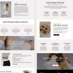May include: A website design with a pale beige backdrop. The page features the text "Meet Natalie", "Kind Words From Clients", "Let's Build Your Strongest Self", "My Meal Plans", and "Have Questions or Ready to Connect?" The page also includes images of a person and food.