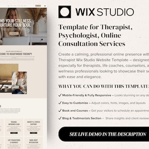 Op de afbeelding: Een Wix Studio website template voor therapeuten en psychologen met een neutraal kleurenpalet, een hero-sectie met de tekst Find Your Stillness, Nurture Your Soul, en secties voor diensten, getuigenissen en het boeken van afspraken.