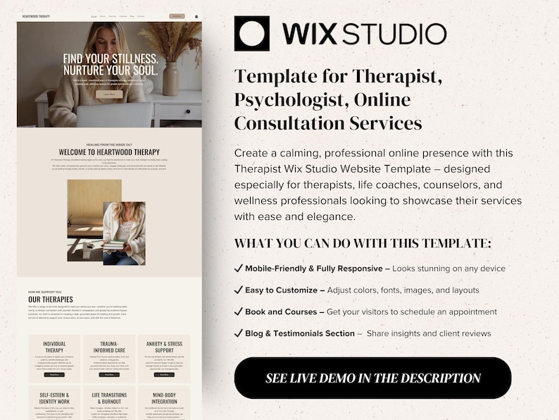 Op de afbeelding: Een Wix Studio website template voor therapeuten en psychologen met een neutraal kleurenpalet, een hero-sectie met de tekst Find Your Stillness, Nurture Your Soul, en secties voor diensten, getuigenissen en het boeken van afspraken.