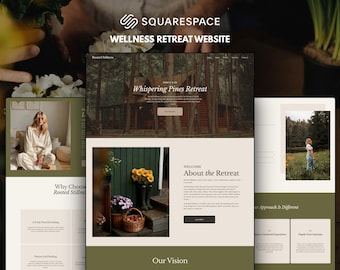 May include: A Squarespace website template for a wellness retreat titled Whispering Pines Retreat. The layout features a hero image of a log cabin in a forest, sections for About the Retreat, and Our Vision, with a color palette of olive green, cream, and dark brown.