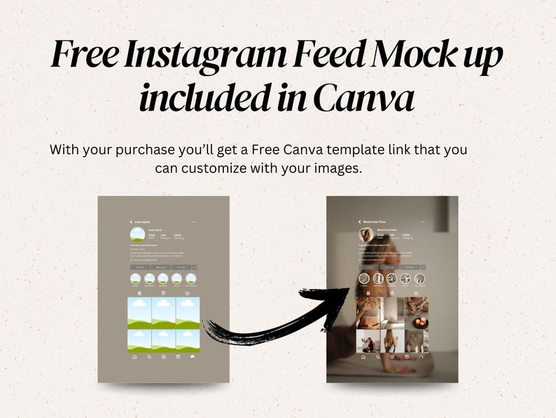 K&ouml;nnte beinhalten: Eine digitale Grafik mit der Aufschrift Free Instagram Feed Mock up included in Canva. Der Text lautet: Free Instagram Feed Mock up included in Canva. With your purchase you'll get a Free Canva template link that you can customize with your images.