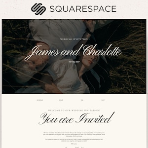 May include: A wedding invitation website with a photo of a couple in a field. The text on the website reads "Wedding Invitation: James and Charlotte, 01 May 2022. Welcome to our wedding invitation! You are Invited."