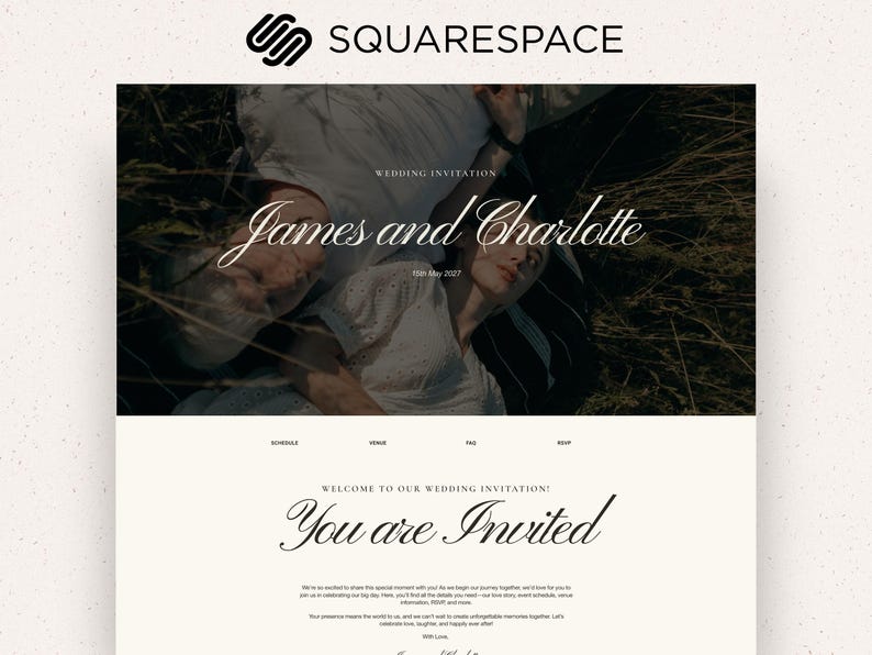 Puede incluir: Una plantilla de invitaci&oacute;n de boda digital con una fotograf&iacute;a cenital de dos personas tumbadas en hierba alta. El texto dice: Wedding Invitation, James and Charlotte, 15th May 2027, Schedule, Venue, FAQ, RSVP, Welcome to our wedding invitation, You are Invited.