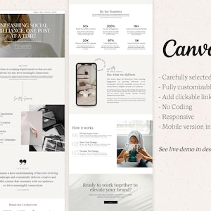 May include: A website screenshot displaying a Canva design template for a social media manager. The template features a white background with black text and images. The text includes "Unleashing Social Brilliance, One Post at a Time" and "By the Numbers". The image shows a woman using a laptop and a phone.