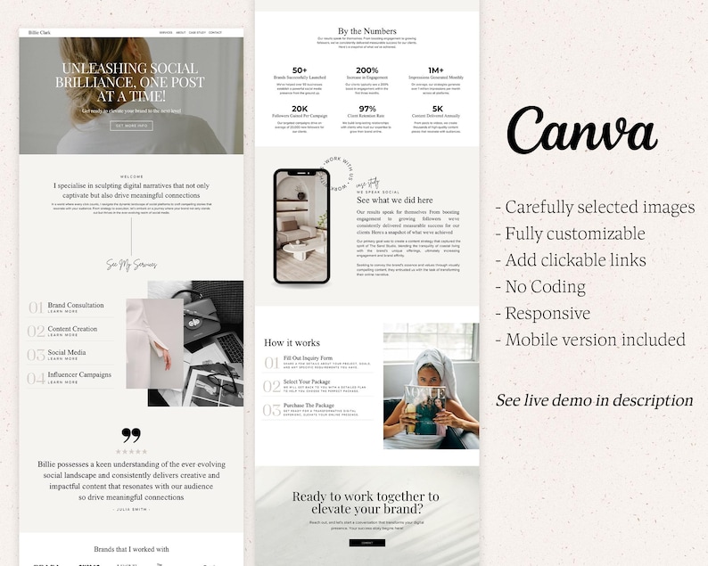 May include: A website screenshot displaying a Canva design template for a social media manager. The template features a white background with black text and images. The text includes "Unleashing Social Brilliance, One Post at a Time" and "By the Numbers". The image shows a woman using a laptop and a phone.