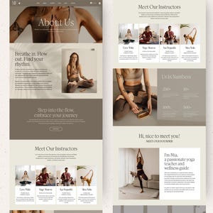 K&ouml;nnte beinhalten: Ein Website-Landingpage-Layout mit einer neutralen Farbpalette aus Beige, Creme und Braun. Das Design enth&auml;lt Abschnitte mit den Titeln About Us, Meet Our Instructors und Us In Numbers sowie Fotos von Personen, die Yoga-Posen praktizieren.