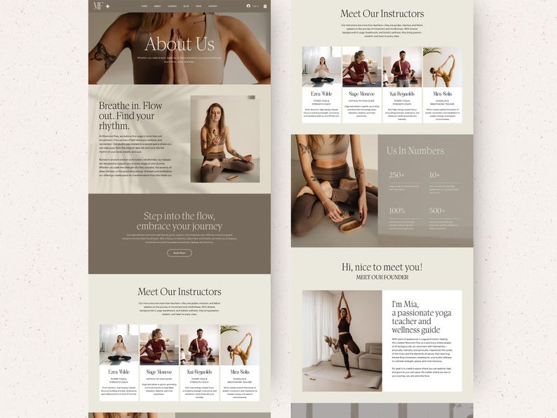K&ouml;nnte beinhalten: Ein Website-Landingpage-Layout mit einer neutralen Farbpalette aus Beige, Creme und Braun. Das Design enth&auml;lt Abschnitte mit den Titeln About Us, Meet Our Instructors und Us In Numbers sowie Fotos von Personen, die Yoga-Posen praktizieren.