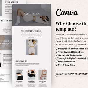 May include: A website template design featuring the name "Natalie Cruz" and the text "Fitness Coach." The template includes images of fitness apparel and the Canva logo. The template is designed for service-based businesses.
