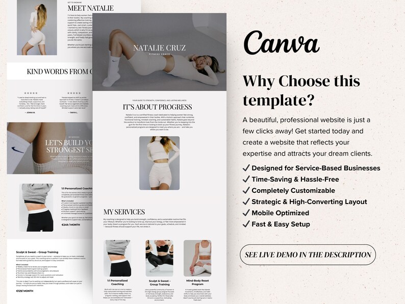 May include: A website template design featuring the name "Natalie Cruz" and the text "Fitness Coach." The template includes images of fitness apparel and the Canva logo. The template is designed for service-based businesses.