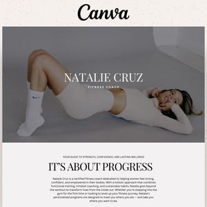 May include: A webpage design with "Canva" at the top. The image shows a woman in sportswear, with the text "NATALIE CRUZ FITNESS COACH". Below, the text reads "IT'S ABOUT PROGRESS".