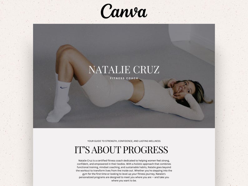 May include: A webpage design with "Canva" at the top. The image shows a woman in sportswear, with the text "NATALIE CRUZ FITNESS COACH". Below, the text reads "IT'S ABOUT PROGRESS".