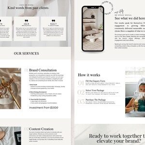 May include: A website screenshot showcasing a business offering brand consultation and content creation services. The website features testimonials from past clients, a description of the services offered, and a call to action to "elevate your brand".