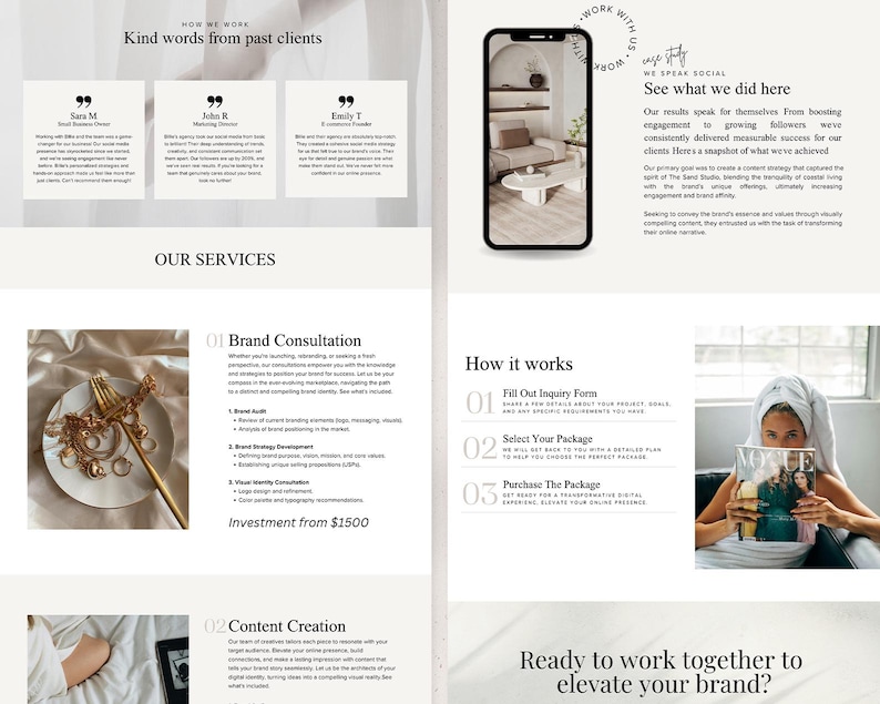 May include: A website screenshot showcasing a business offering brand consultation and content creation services. The website features testimonials from past clients, a description of the services offered, and a call to action to "elevate your brand".