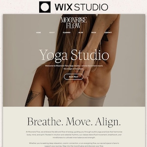 May include: A website for a yoga studio called Moonrise Flow. The website features a photo of a woman in a yoga pose with the text "Yoga Studio" and "Breathe. Move. Align." The website also includes a call to action to "Book Now!"