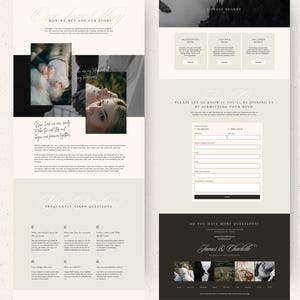 May include: A wedding website with a light green background and a black and white photo of a couple. The website includes information about the couple, their wedding, and a RSVP form.