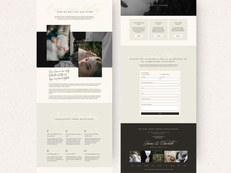 May include: A wedding website with a light green background and a black and white photo of a couple. The website includes information about the couple, their wedding, and a RSVP form.