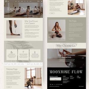 K&ouml;nnte beinhalten: Ein Website-Layout f&uuml;r Moonrise Flow mit Yoga-Kursen, Lehrerprofilen und Kursbeschreibungen. Das Design verwendet eine neutrale Farbpalette mit Serifenschrift, Bildern von Menschen beim Yoga und einer Fu&szlig;zeile mit Kontaktdaten.