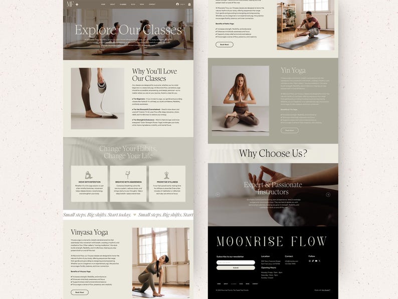 K&ouml;nnte beinhalten: Ein Website-Layout f&uuml;r Moonrise Flow mit Yoga-Kursen, Lehrerprofilen und Kursbeschreibungen. Das Design verwendet eine neutrale Farbpalette mit Serifenschrift, Bildern von Menschen beim Yoga und einer Fu&szlig;zeile mit Kontaktdaten.