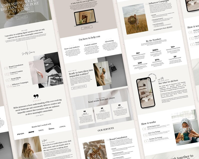 May include: A website homepage for a social media marketing agency. The website features a minimalist design with a light grey background and black text. The website includes a section with the text "Unleashing Social Brilliance, One Post at a Time!" and a section with the text "Ready to turn ideas into impactful realities?"