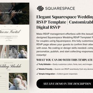 Puede incluir: Una plantilla digital de RSVP de boda para Squarespace con un dise&ntilde;o de tipograf&iacute;a serif, fotograf&iacute;as en blanco y negro, y secciones para horarios de boda e invitaciones. El texto incluye "James and Charlotte," "You are Invited," y "Wedding Schedule" con un bot&oacute;n negro etiquetado "SEE LIVE DEMO IN THE DESCRIPTION."