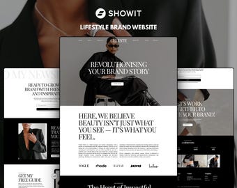 May include: A Showit lifestyle brand website template featuring a monochromatic black and white design. The layout displays a hero section with the text REVOLUTIONISING YOUR BRAND STORY, followed by sections with typography and brand logo placeholders.