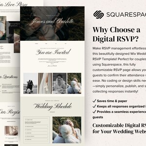 Puede incluir: Una plantilla digital de confirmaci&oacute;n de asistencia para bodas en sitios web Squarespace, con un dise&ntilde;o en crema y negro y tipograf&iacute;a serif elegante. Incluye secciones para el programa de la boda, lista de regalos y galer&iacute;as de fotos.