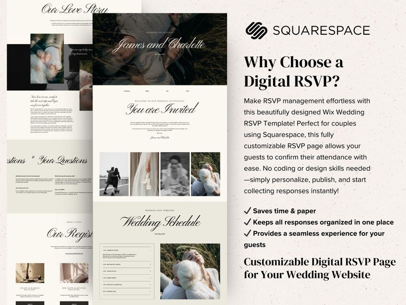 Puede incluir: Una plantilla digital de confirmaci&oacute;n de asistencia para bodas en sitios web Squarespace, con un dise&ntilde;o en crema y negro y tipograf&iacute;a serif elegante. Incluye secciones para el programa de la boda, lista de regalos y galer&iacute;as de fotos.