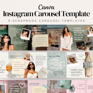 Könnte beinhalten: Ein digitales Canva Instagram-Karussell-Vorlagenset mit sechs Designs im Scrapbook-Stil. Die Layouts enthalten verschiedene Fotorahmen, linierte Papiernotizen und Textüberlagerungen mit Phrasen wie Growth isn't always loud und Your Questions.