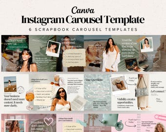 May include: A digital Canva Instagram carousel template set featuring six scrapbook-style designs. The layouts include various photo frames, lined paper notes, and text overlays with phrases like Growth isn't always loud and Your Questions.