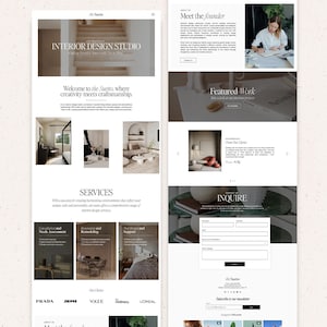 May include: A website layout for an interior design studio named the Suetto, featuring a hero section with a staircase image, a founder biography, a portfolio of featured work, client testimonials, a contact inquiry form, and a newsletter signup.