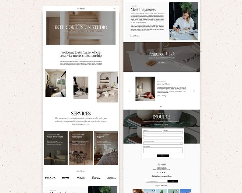 May include: A website layout for an interior design studio named the Suetto, featuring a hero section with a staircase image, a founder biography, a portfolio of featured work, client testimonials, a contact inquiry form, and a newsletter signup.