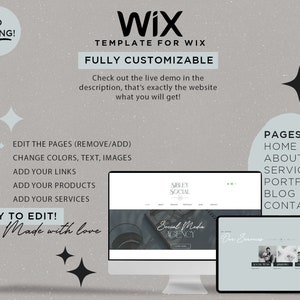 May include: A Wix website template for social media agencies. The template is fully customizable and includes pages for home, about, services, portfolio, blog, and contact. The template is easy to edit and made with love.