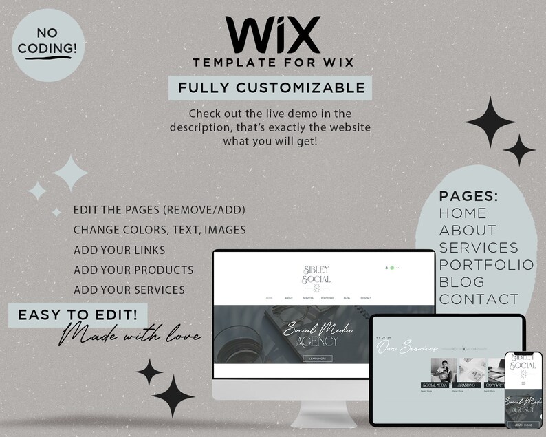 May include: A Wix website template for social media agencies. The template is fully customizable and includes pages for home, about, services, portfolio, blog, and contact. The template is easy to edit and made with love.