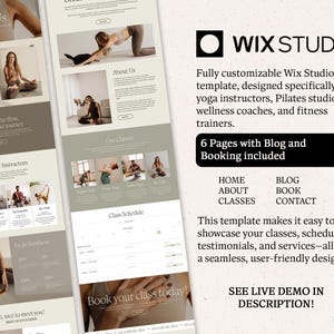 K&ouml;nnte beinhalten: Eine Wix Studio Website-Vorlage mit einer neutralen Farbpalette in Beige- und Braunt&ouml;nen. Das Layout enth&auml;lt Abschnitte f&uuml;r &Uuml;ber uns, Kurspl&auml;ne, Trainerprofile und einen Blog. Der Text umfasst Wix Studio, 6 Pages with Blog and Booking included, Home, About, Classes, Blog, Book, Contact und See Live Demo in Description.
