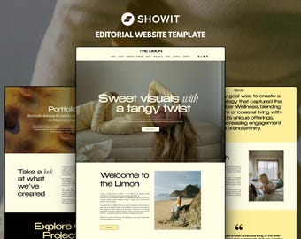 May include: A Showit editorial website template featuring a cream and yellow color palette. The layout displays sections titled The Limon, Portfolio, and Objective, with typography, photography of a person on a beach, and navigation menus.