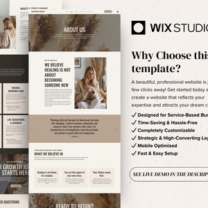 Op de afbeelding: Een Wix Studio website-sjabloon met een neutraal kleurenpalet in beige en donkerbruine tinten. De lay-out bevat secties met de titels About Us, Our Therapies en What We Believe In, naast tekst die functies zoals mobiele optimalisatie en aanpasbaarheid benadrukt.