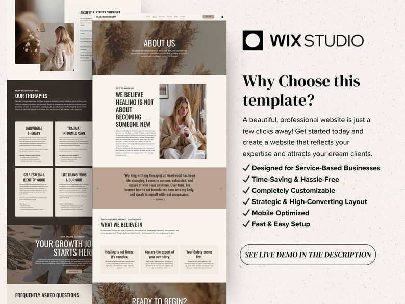 Op de afbeelding: Een Wix Studio website-sjabloon met een neutraal kleurenpalet in beige en donkerbruine tinten. De lay-out bevat secties met de titels About Us, Our Therapies en What We Believe In, naast tekst die functies zoals mobiele optimalisatie en aanpasbaarheid benadrukt.