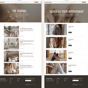 Op de afbeelding: Een website-indeling voor Heartwood Therapy met twee pagina's genaamd The Journal en Schedule Your Appointment. Het ontwerp bevat een navigatiebalk, previews van blogberichten met afbeeldingen en tekst, servicelijsten en een donkere voettekst.
