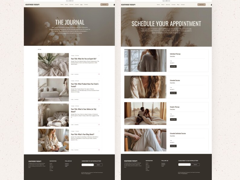 Op de afbeelding: Een website-indeling voor Heartwood Therapy met twee pagina's genaamd The Journal en Schedule Your Appointment. Het ontwerp bevat een navigatiebalk, previews van blogberichten met afbeeldingen en tekst, servicelijsten en een donkere voettekst.