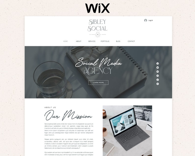 May include: A website homepage for a social media agency called Sibley Social. The website features a dark gray background with a white text header and a light gray banner with the text "Social Media Agency" and a button that says "Learn More".